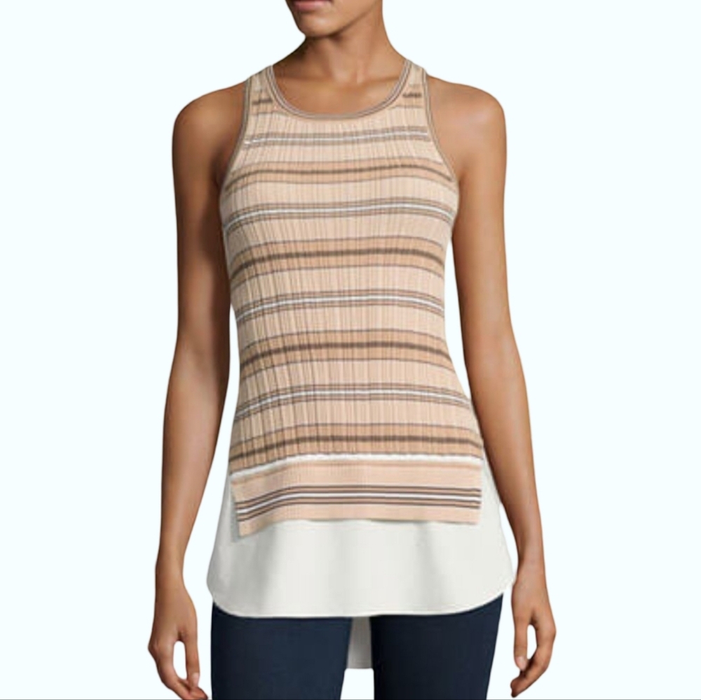 10 Crosby Derek Lam Beige Stripe Ribbed Tank With Contrast Cotton Hem